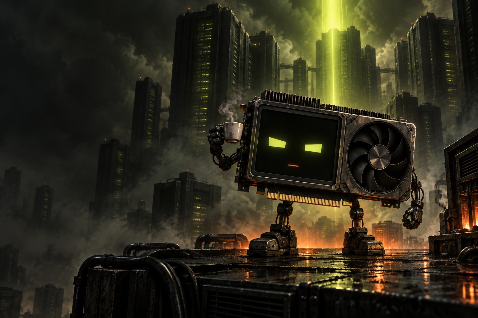 MELT, our original GPU mascot, watches over an industrial server city