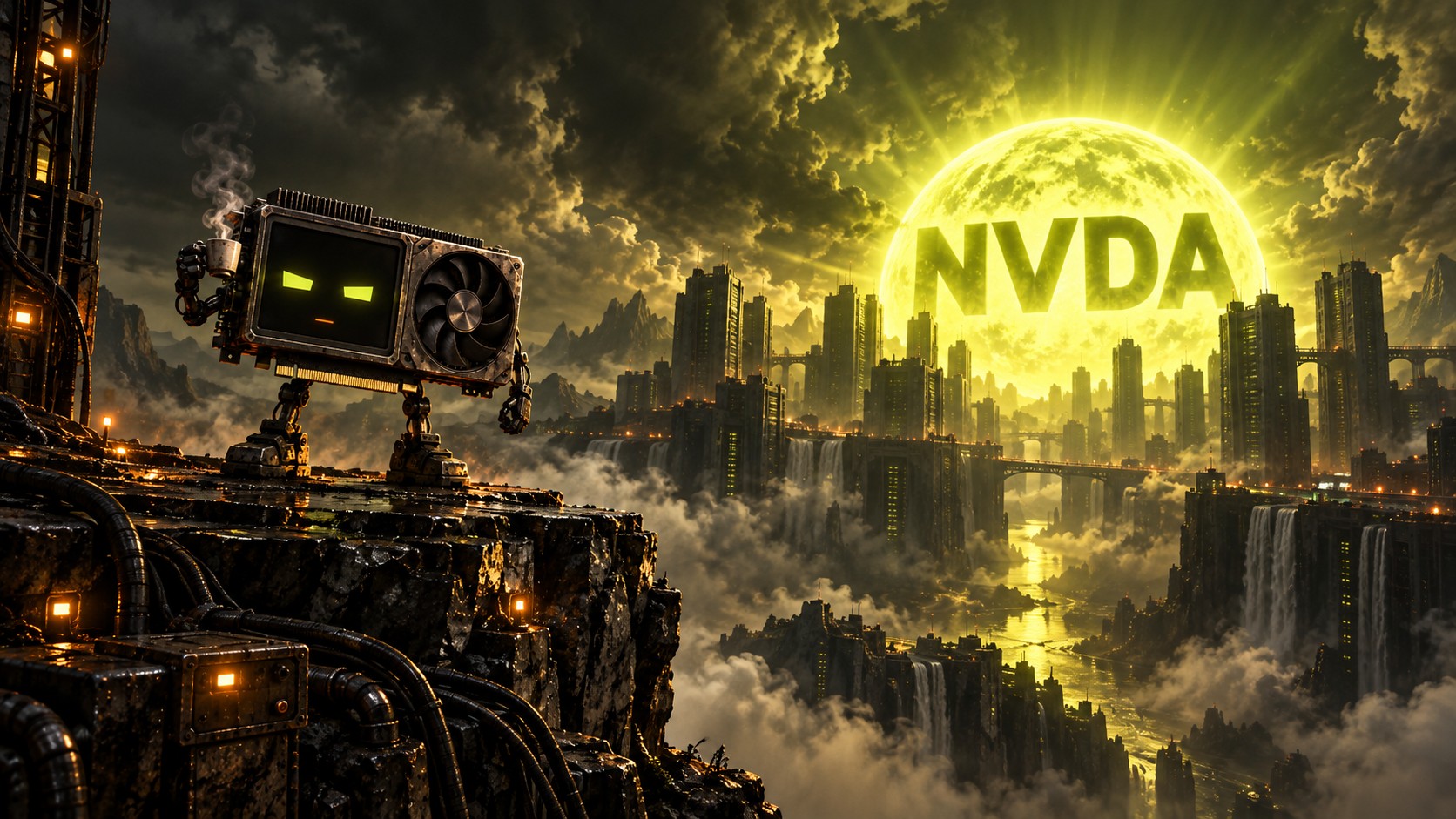 MELT stands on a cyberpunk cliff facing a vast lime-green sun marked NVDA above the server city